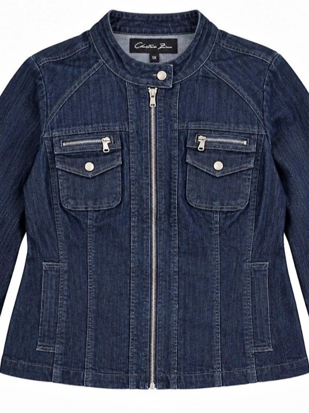 Christine Zimm 1X Dark Wash Denim Moto Jacket Zip Utility Stretch Plus Size